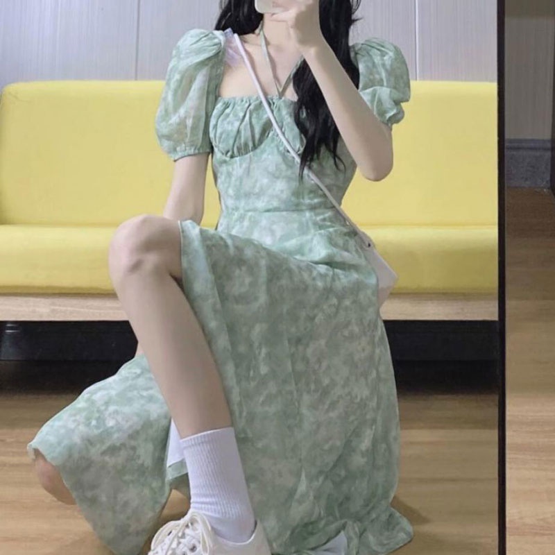 Đầm XIANG NIAN NI dài tay phồng cổ vuông phong cách Hàn Quốc cổ điển thời trang mùa hè