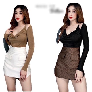 Áo nhũ bẹt vai cổ đổ , Áo len tăm dài tay trễ vai phối dây cổ cách điệu style Hàn Quốc 💕💕💕Ly alohastore1