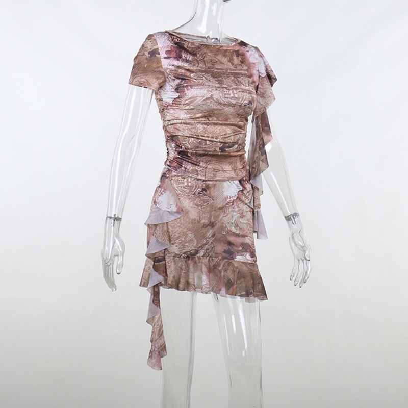 Bộ Áo Croptop Ngắn Tay Phối Bèo + Chân Váy Mini 2 Mảnh In Họa Tiết Trừu Tượng Thời Trang Mùa Hè Cho Nữ