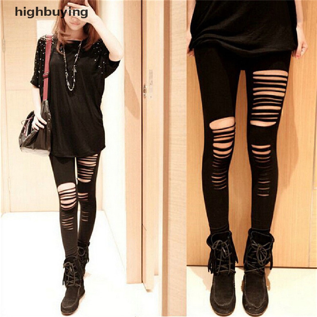 Hbvn Belle Quần Legging Sọc Cắt Xẻ Rách Màu Đen Quyến Rũ Punk Dành Cho Câu Lạc Bộ Gothic Son Môi Màu Đẹp Cá Tính Cho Nữ