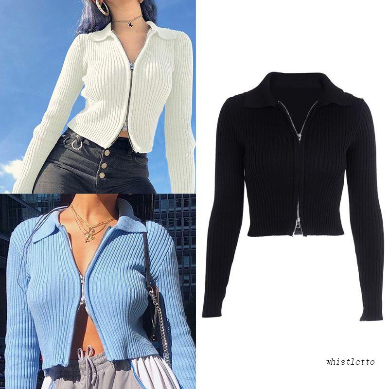 Áo Khoác Croptop Dệt Kim Tay Dài Hai Mặt Màu Sắc Thời Trang Mùa Thu Quyến Rũ Cho Nữ