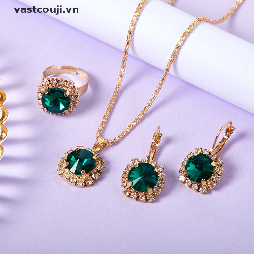 1 Set Vòng cổ + Nhẫn + Bông Tai Pha Lê Tròn Nhiều Màu Phong Cách Hàn Quốc Thời Trang Cho Nữ