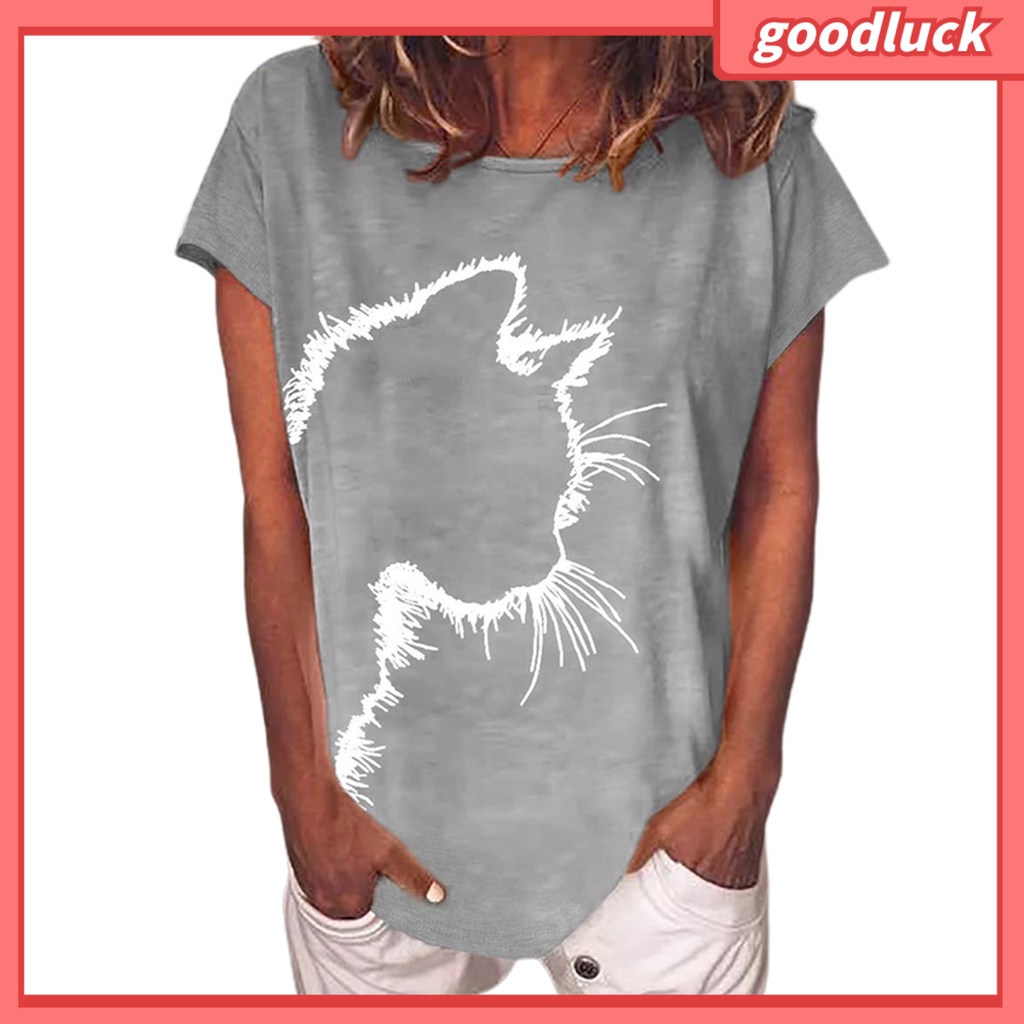 Áo Thun Tay Ngắn Cổ Tròn In Hình Mèo Thời Trang Mùa Hè Cho Nữ