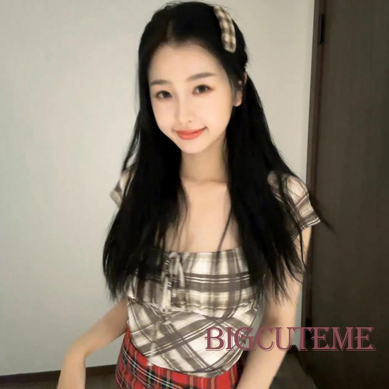 Áo Thun Ngắn Tay Cổ Vuông Buộc Dây Họa Tiết Sọc Caro Thời Trang Mùa Hè Cho Nữ