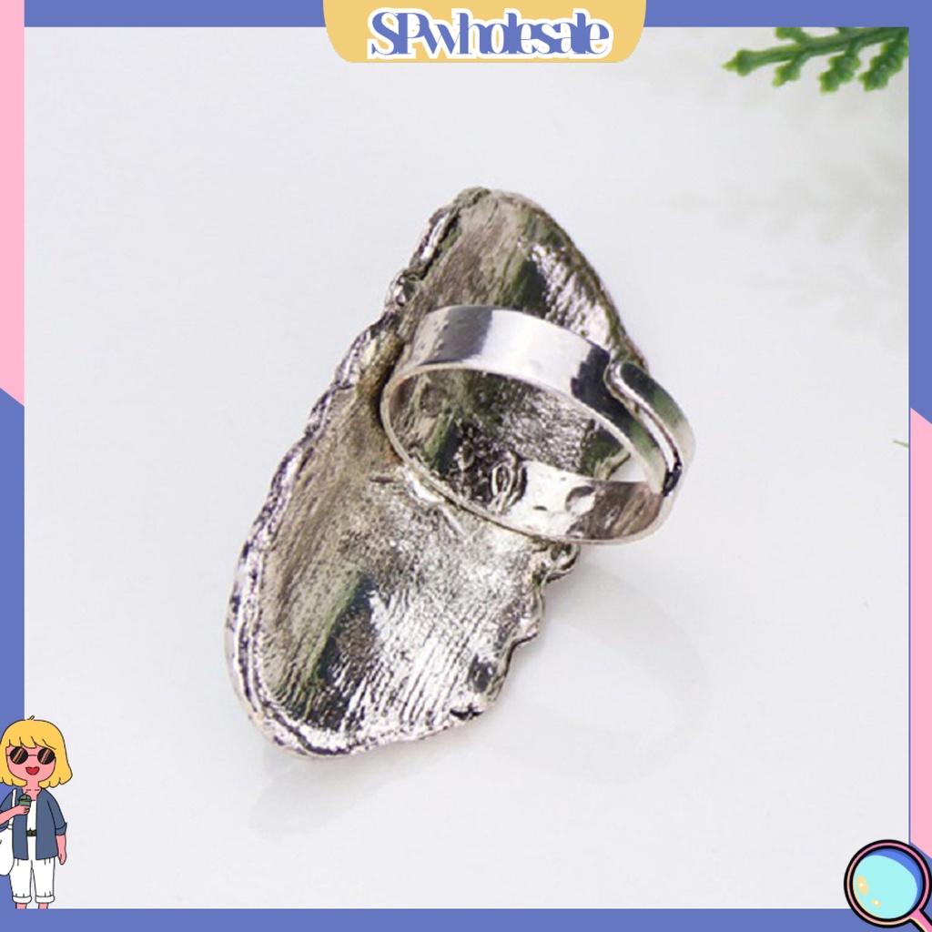 <SPwholesale> Nhẫn Hở Chạm Khắc Hoa Văn Đá Xanh Lá Phong Cách Bohemian Có Thể Điều Chỉnh Kích Thước Cho Bữ