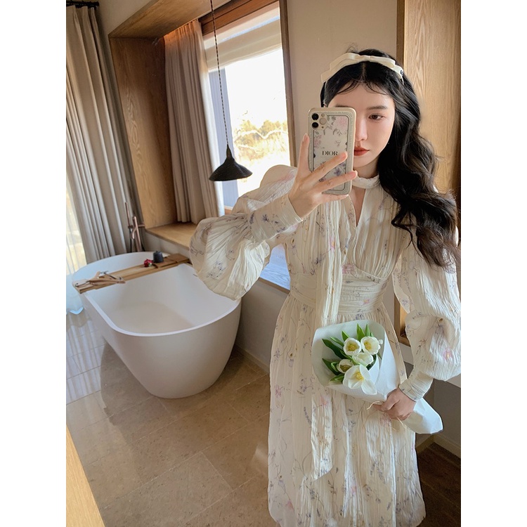 Đầm Voan Hoa Xếp Ly Thắt Nơ Eo Nhẹ Nhàng Phong Cách Thần Tiên Mùa Xuân Mới Cho Nữ