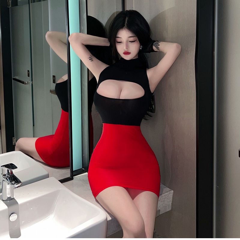 Hollow-out chest-exposed ice silk thin micro-transparent Secretary outfit hip-wrapped skirt front and back wear slim dress DTPC