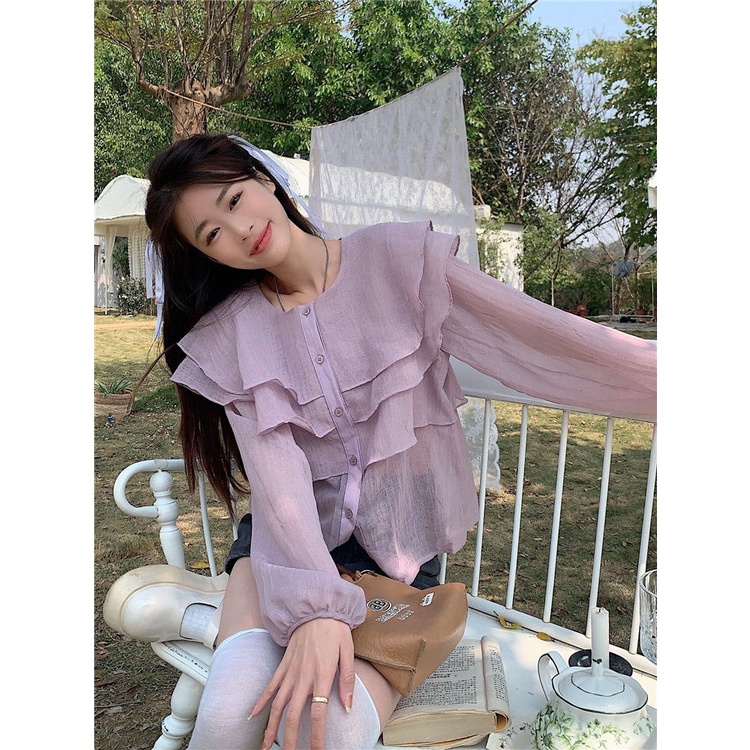 Áo Sơ Mi Chiffon Cổ Búp Bê Màu Tím Phong Cách Thời Trang Pháp Dành Cho Nữ