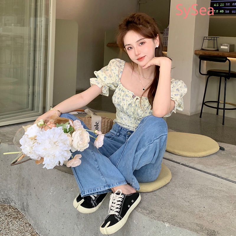 Áo Kiểu Tay Phồng Cổ Vuông Họa Tiết Hoa Phong Cách Pháp