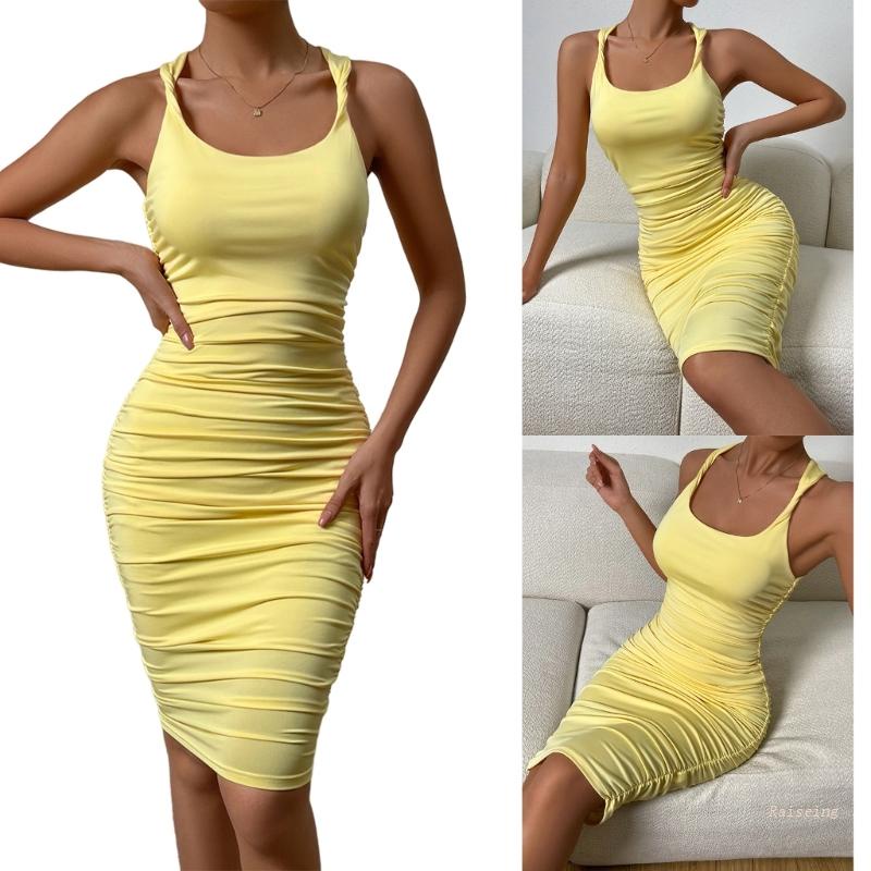 Đầm Midi Không Tay Cổ Tròn Thiết Kế Xoắn Eo Thời Trang Quyến Rũ Cho Nữ