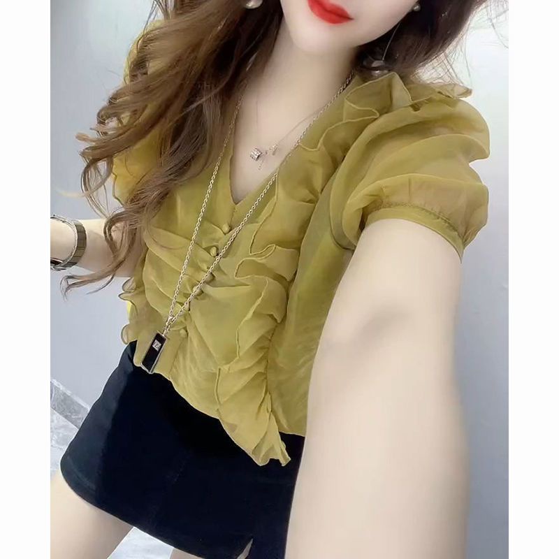 Áo Sơ Mi Tay Ngắn Cổ Chữ V Màu Trơn Phong Cách Thời Trang Phương Tây Thời Trang Mùa Hè 2023