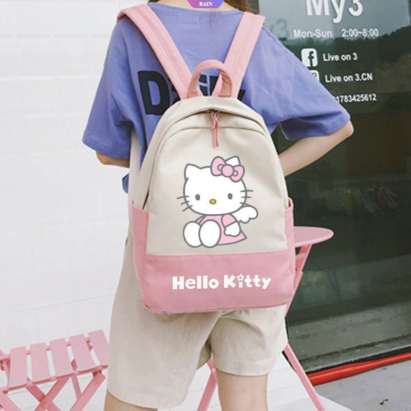 Ba Lô Vải Canvas Sức Chứa Lớn Có Khóa Kéo In Họa Tiết Hoạt Hình Sanrio Hello Kitty Phong Cách Harajuku Nhật Bản Cho Nữ