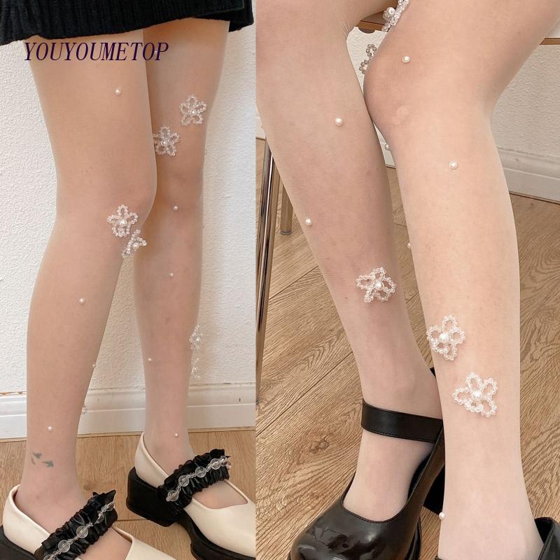 Quần Tất Siêu Mỏng Đính Hạt Ngọc Trai Giả Thời Trang Cho Nữ