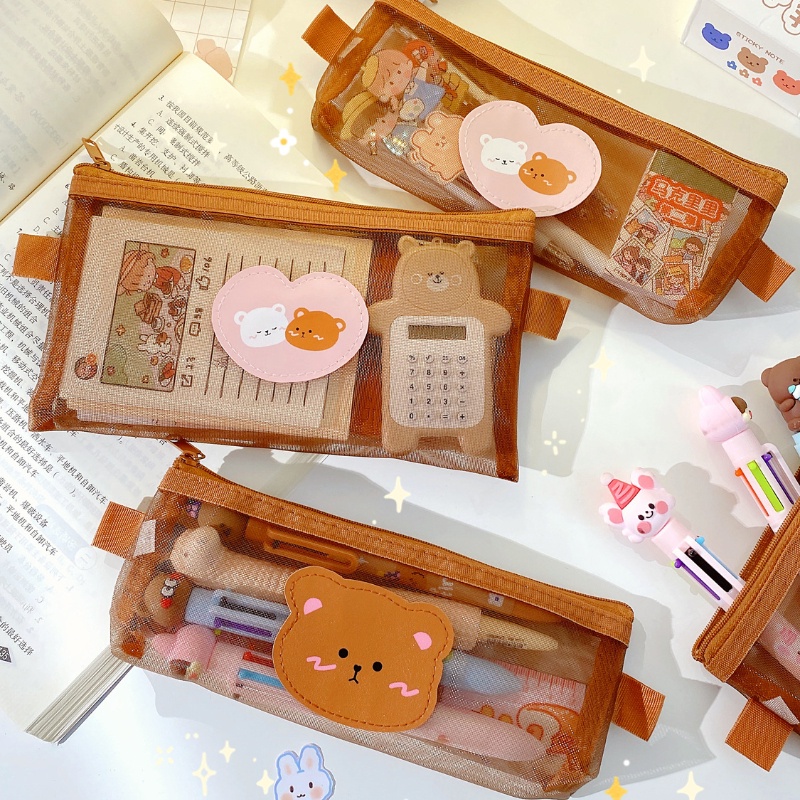 Túi Lưới Đựng Đồ Trang Điểm Họa Tiết Gấu Dễ Thương Phong Cách Nhật Bản