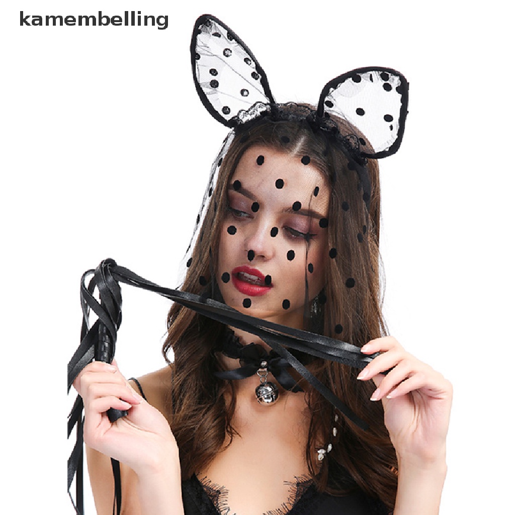 Kamembelling Băng Đô Tai Mèo Bằng Lưới Phối Ren Chấm Bi Đen Gợi Cảm Hóa Trang Tiệc Halloween Cho Nữ