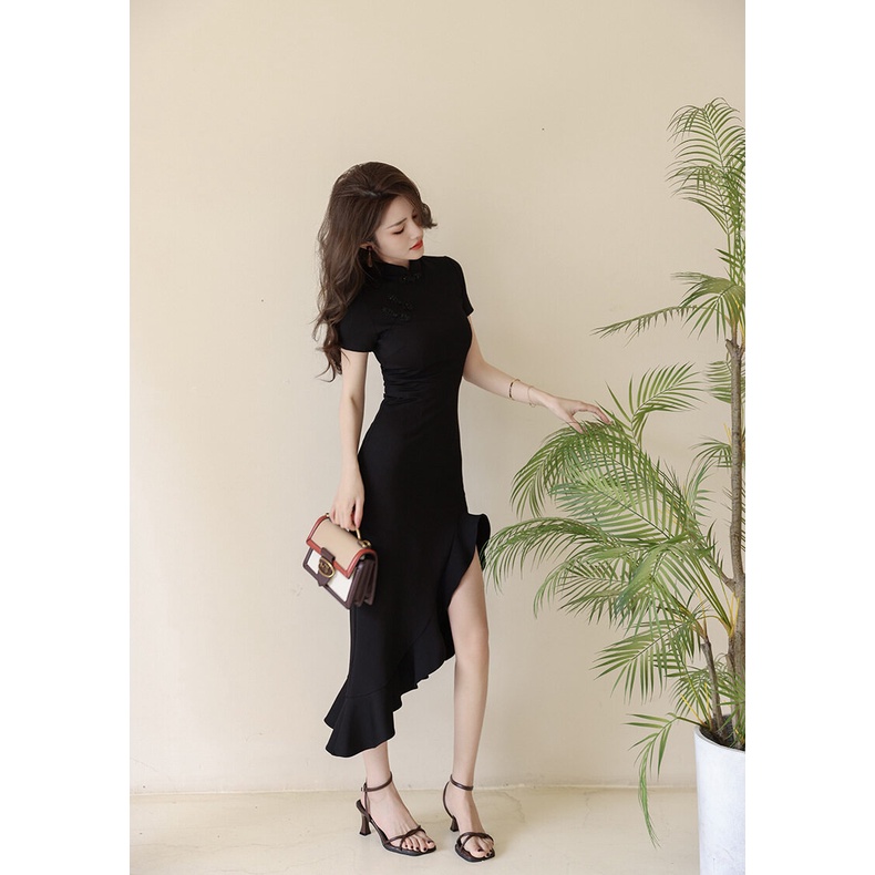 ZYHT  Đầm Sườn Xám Cách Tân Kiểu Đuôi Cá Màu Đen Phong Cách Trung Hoa Thời Trang Mùa Hè Cho Nữ 30157