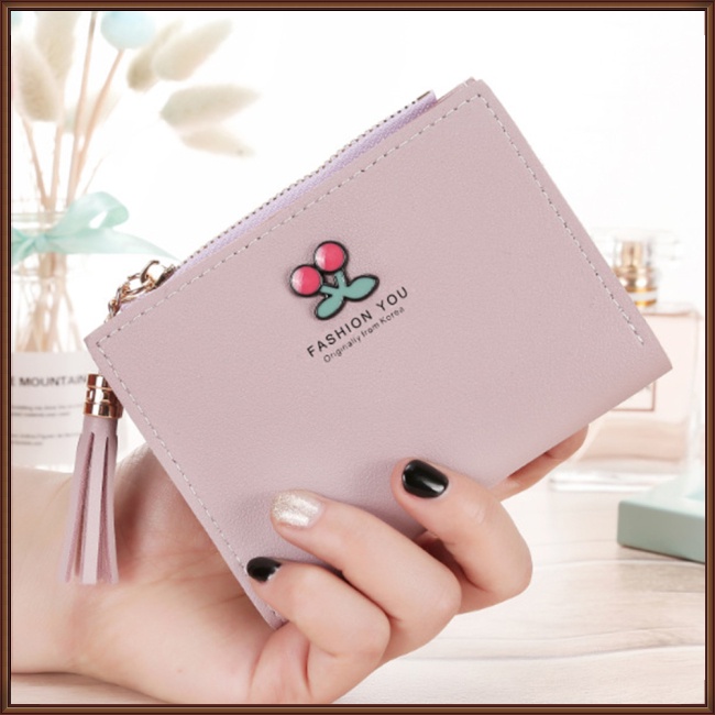 Ví Ngắn Dạng Gập Có Nhiều Ngăn Đựng Thẻ Màu Trơn Đính Tua Rua Và Khóa Kéo Thời Trang Cho Nữ