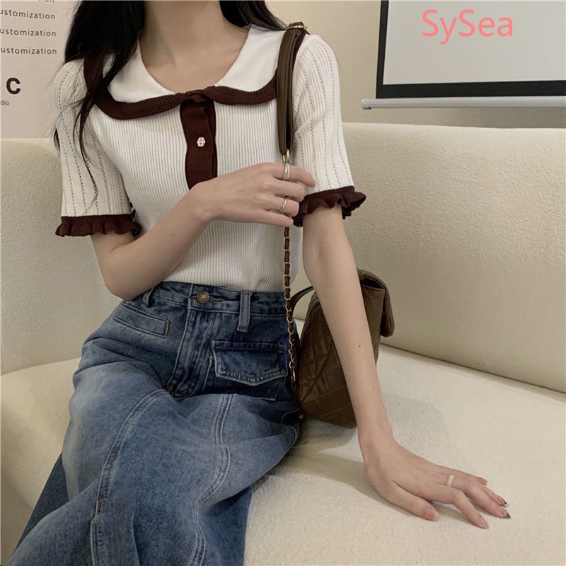 Áo Dệt Kim Cổ Búp Bê Phối Ren Thời Trang Mùa Hè Cho Nữ