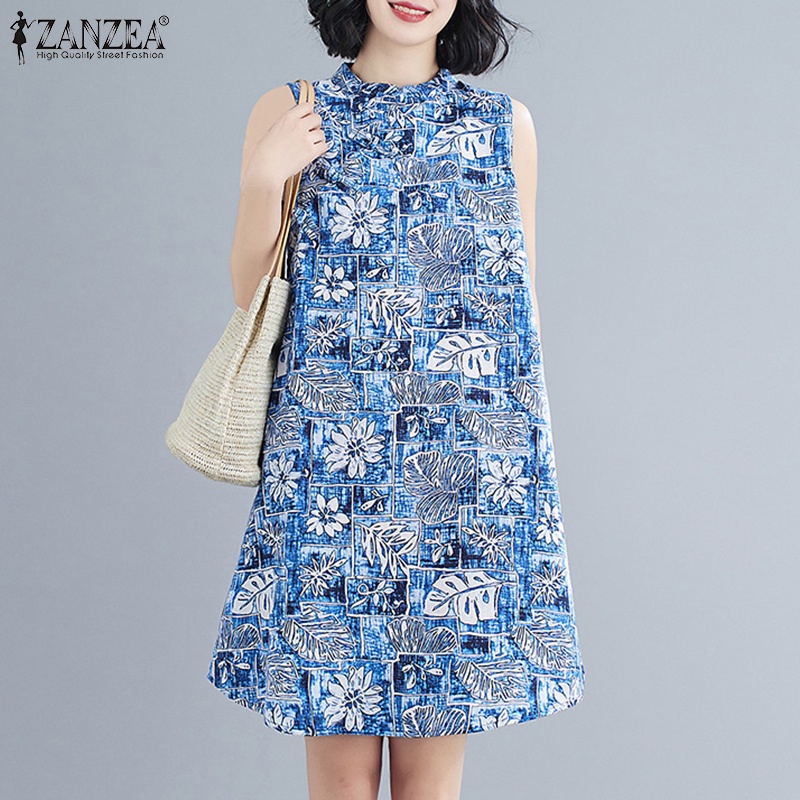 Đầm ZANZEA không tay cổ đứng in họa tiết thời trang cho nữ