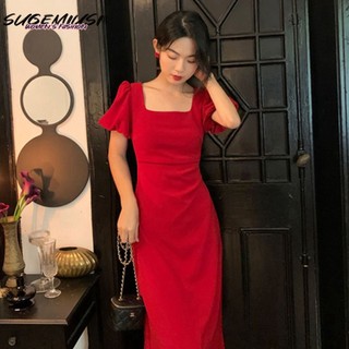 Sugemiusi Đầm Đỏ Cổ Vuông Dáng Ôm Chiết Eo Thời Trang Mùa Hè Thanh Lịch Cao Cấp Cho Nữ