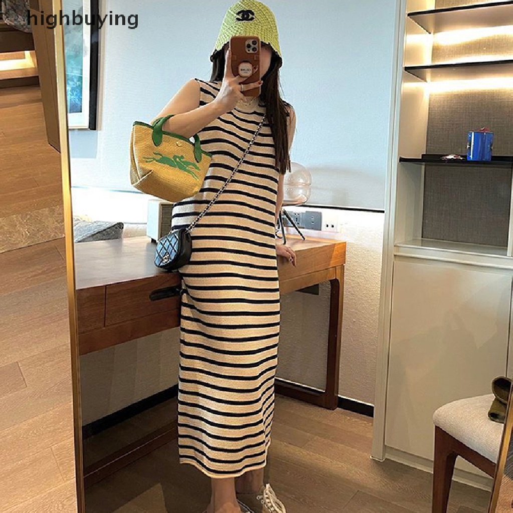 Đầm Dài Không Tay Họa Tiết Kẻ Sọc Phong Cách Hàn Quốc Cho Nữ