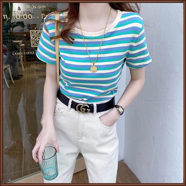 Áo Thun Tay Ngắn Cổ Tròn Dáng Ôm Thoáng Khí In Họa Tiết Kẻ Sọc Cổ Điển Thời Trang Cho Nữ