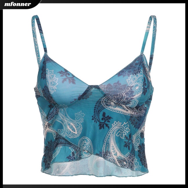 Áo Tank Top Cổ Chữ V Phối Lưới In Họa Tiết Phong Cách Retro Gợi Cảm Cho Nữ