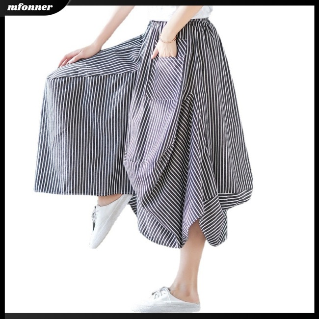 Chân Váy Cotton Lanh Dáng Suông Kẻ Sọc Lưng Thun Có Túi Cho Nữ