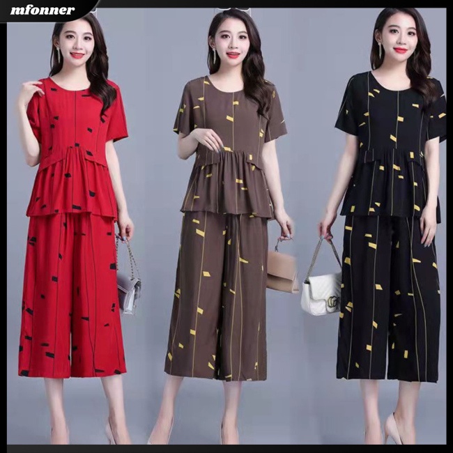 Bộ Trang Phục 2 Mảnh Áo Thun Tay Ngắn Cổ Tròn In Họa Tiết + Quần Dài Ống Rộng Thời Trang Cho Nữ