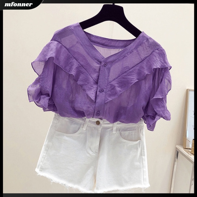 Áo Sơ Mi Voan Tay Ngắn Phồng Cổ Chữ V Thời Trang Dành Cho Nữ