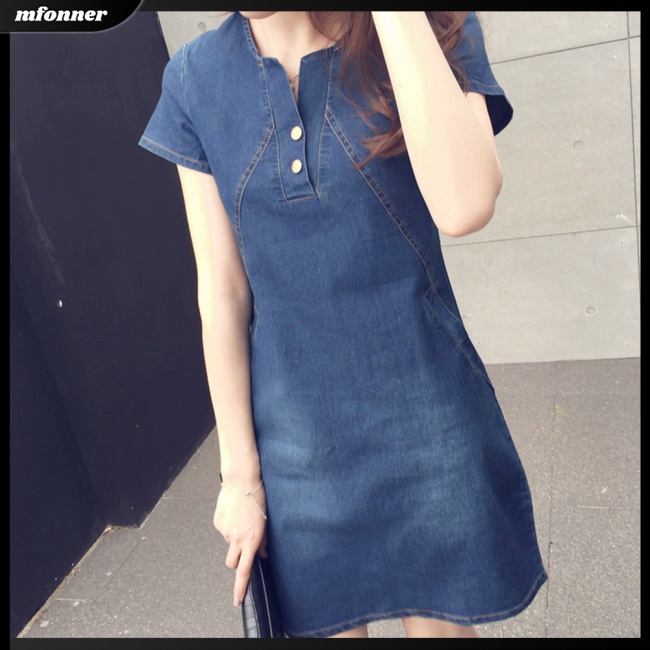 MV Women  Denim  Skirt Button Round Neck Short-sleeved Solid Color Casual Pullover Midi Dress
