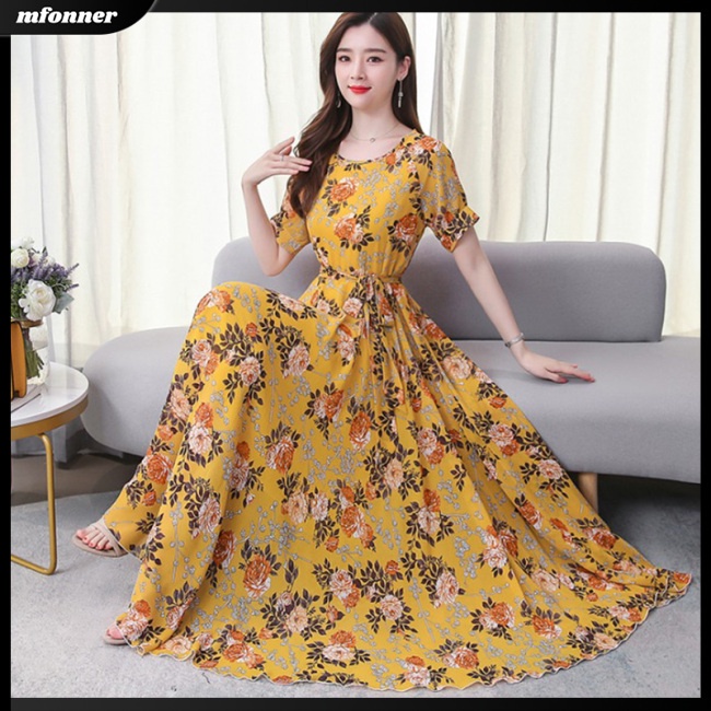 Đầm Dài Tay Ngắn In Hoa Thời Trang Mùa Hè Dành Cho Nữ