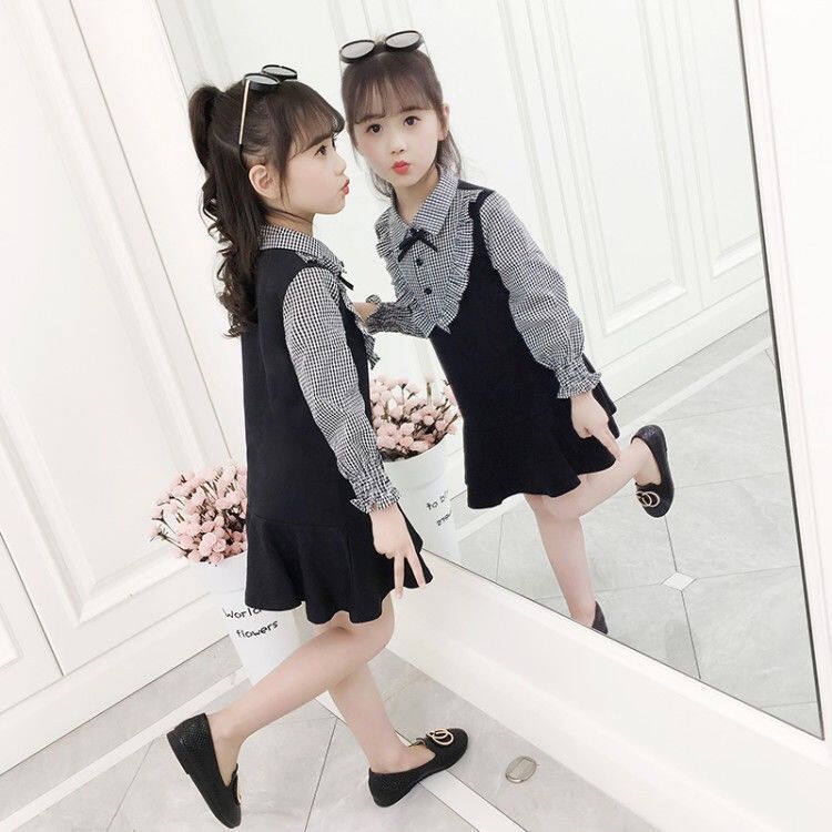 Đầm Tay Dài Giả Hai Lớp Thắt Nơ Họa Tiết Sọc Caro Phong Cách Hàn Quốc 110-160cm Cho Bé Gái 3-14 Tuổi