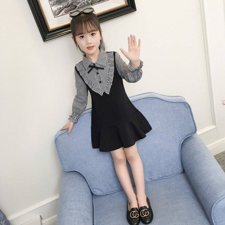 Đầm Tay Dài Giả Hai Lớp Thắt Nơ Họa Tiết Sọc Caro Phong Cách Hàn Quốc 110-160cm Cho Bé Gái 3-14 Tuổi