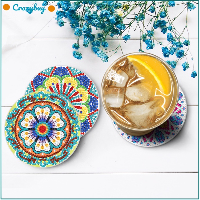 Cr Set 8 Đế Lót Ly Thêu Tranh Đính Đá Diy Họa Tiết Mandala Nghệ Thuật Dành Cho Người Mới Bắt Đầu