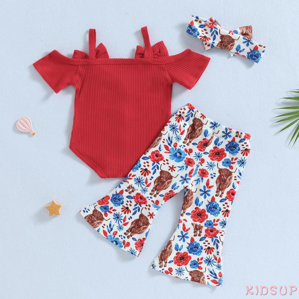 Bộ Áo Liền Quần Tay Ngắn Hở Vai Kèm Quần Ống Loe Co Giãn Thời Trang Mùa Hè Cho Bé Gái 1 Tuổi