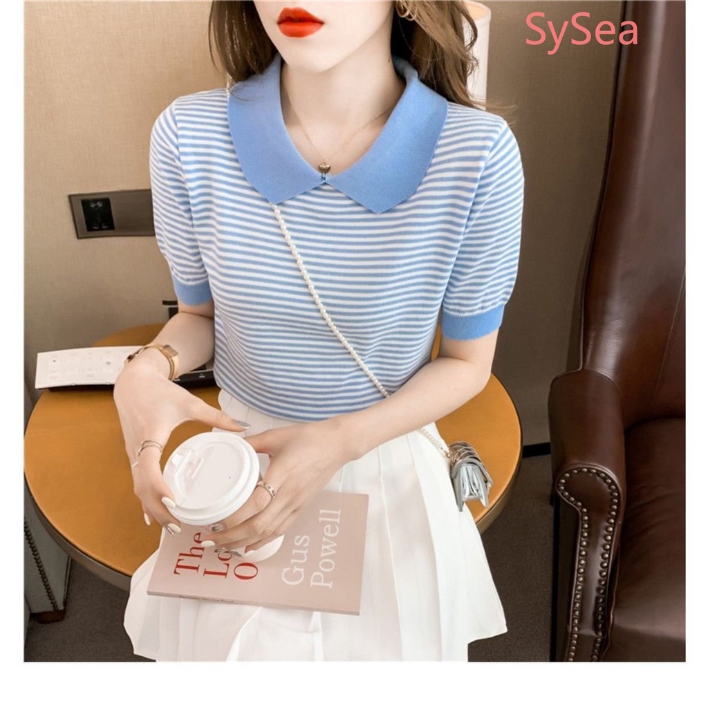 Áo Dệt Kim Kẻ Sọc Cổ Búp Bê Thời Trang Mùa Hè Hàn Quốc Cho Nữ