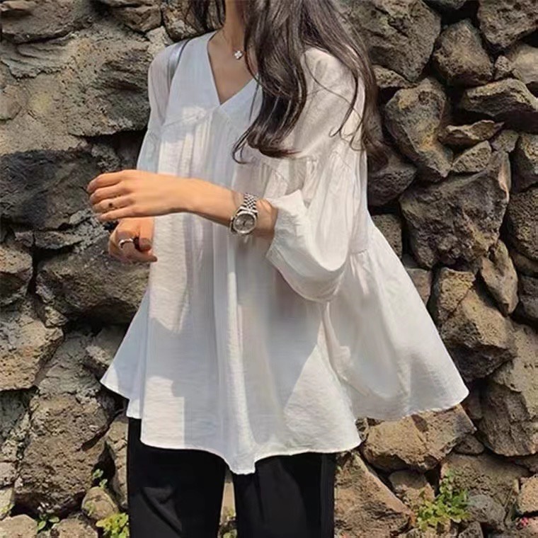 Áo Sơ Mi Nữ Tay Lửng Cổ Chữ V Thời Trang Hàn Quốc