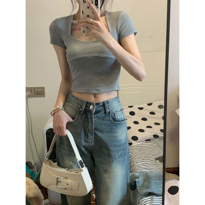 Áo Thun Tay Ngắn Cổ Vuông Màu Trơn Phong Cách Hàn Quốc Thời Trang Mùa Hè Mới 2023 Dành Cho Bạn Nữ