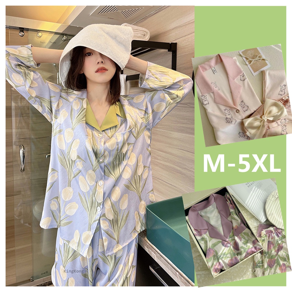 Bộ Đồ Ngủ Vải Lụa Satin Plus Size M-5XL In Họa Tiết Hoa Tulip Thời Trang Xuân Thu Cho Nữ