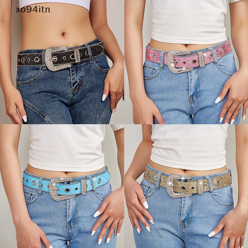 Thắt Lưng Da PU Đính Đá Lấp Lánh Phong Cách Cao Bồi Y2K
