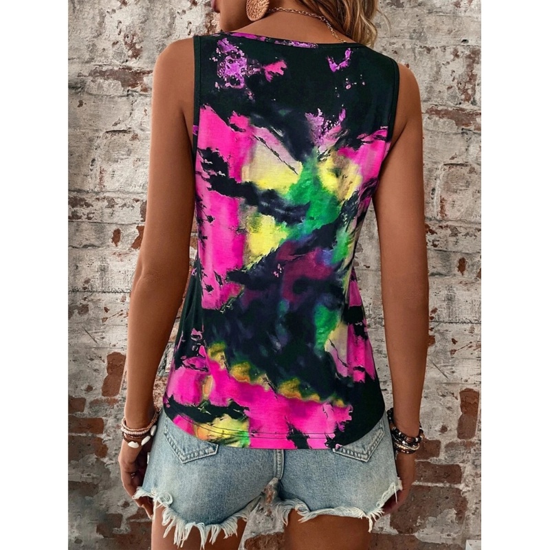 Xiangbao Áo Tank Top Cổ Chữ V Dáng Rộng Màu Nhuộm Thoải Mái Thời Trang Mùa Hè Cho Nữ