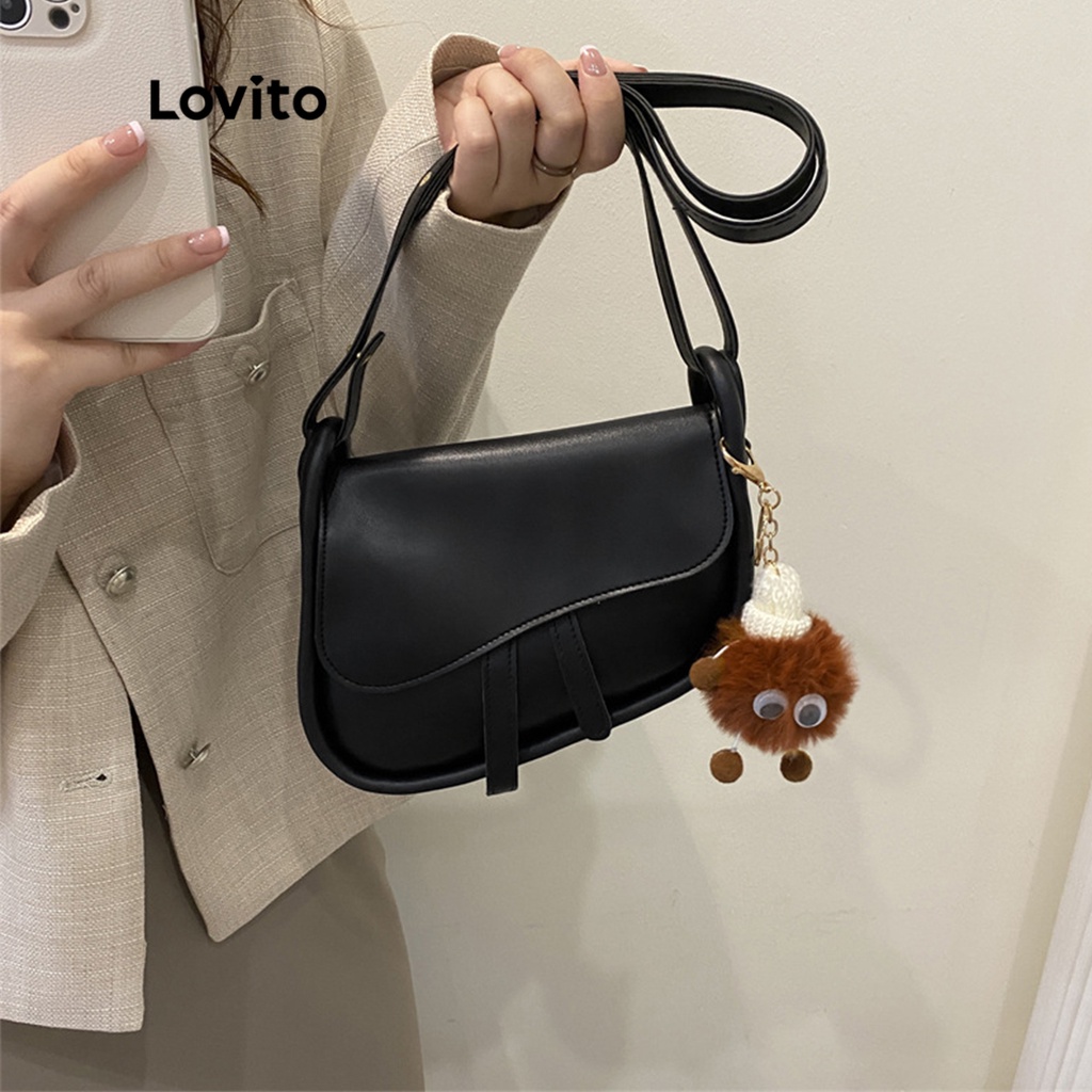 Túi đeo vai Lovito nhỏ họa tiết hoạt hình màu trơn phối viền tương phản thường ngày cho nữ L50AD122 (kaki/màu mơ/đen)