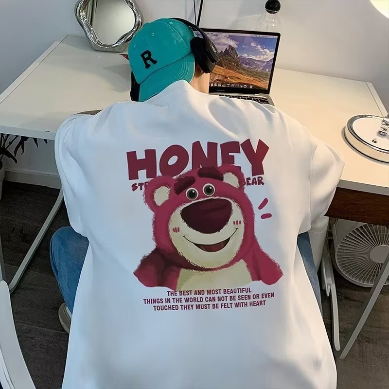 Áo Thun Tay Ngắn Cổ Tròn In Hình Gấu Hồng Thời Trang Mùa Hè 2 Màu Tùy Chọn Kích Thước M-8XL Phong Cách Hàn Quốc Cho Nam