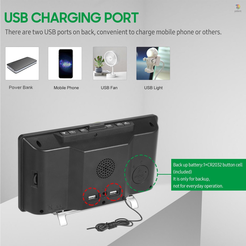 Đồng Hồ Báo Thức Kỹ Thuật Số Tích Hợp Đài FM Màn Hình LED 9-inch 2 Cổng Sạc USB 12 / 24H Có Thể Điều Chỉnh Chế Độ Âm Lượng Tiện Dụng