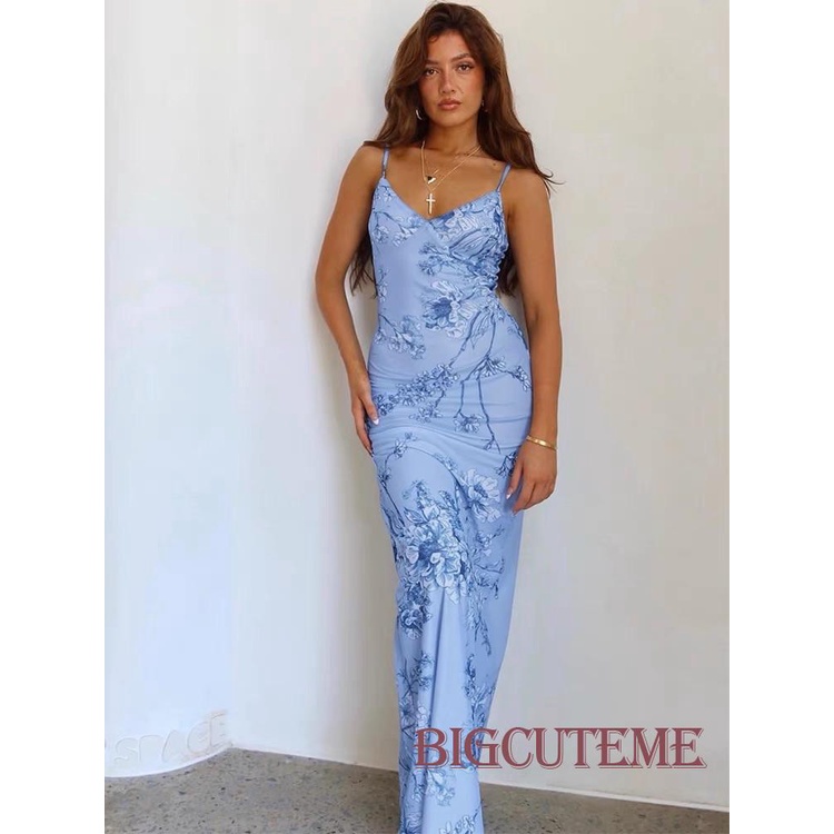 [] [] Đầm Dài Hai Dây Không Tay In Hoa Phong Cách Vintage Cho Nữ