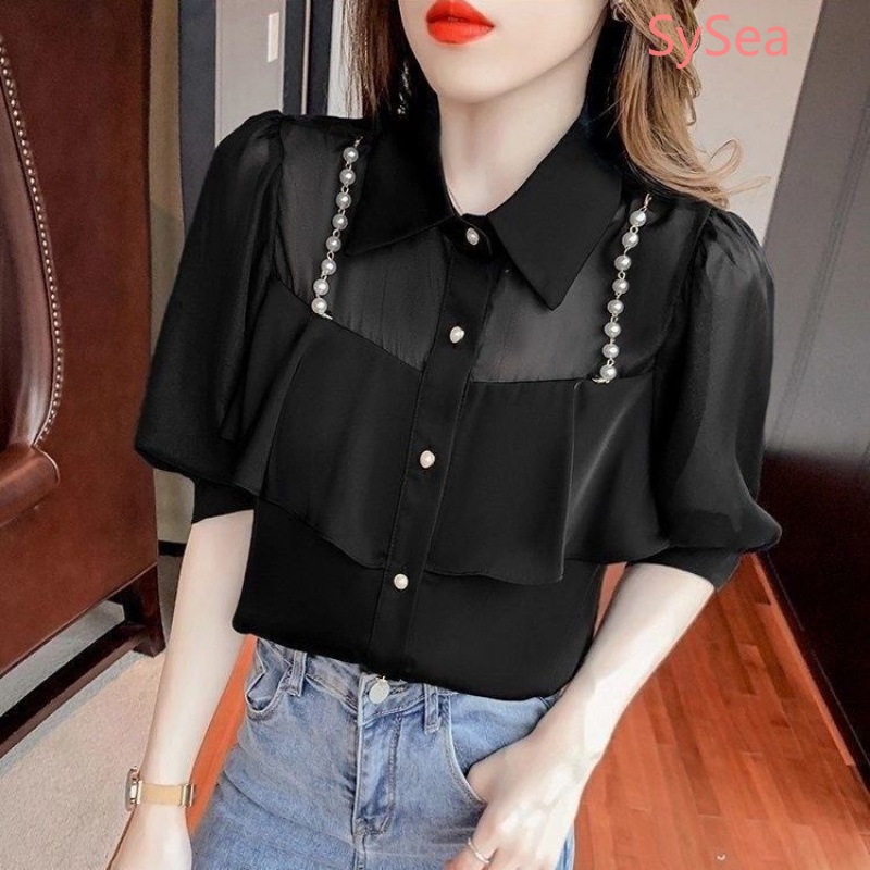 Áo Sơ Mi Voan Phối Ren Bèo Nhún Thanh Lịch Thời Trang Cho Nữ