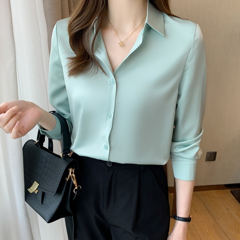 Áo Sơ Mi Vải Satin Bóng Tay Dài Màu Trơn Thời Trang Mùa Hè Cho Nữ