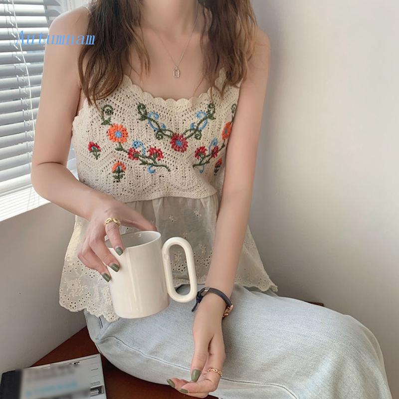 Áo Croptop Dệt Kim Không Tay Thêu Họa Tiết Thời Trang Cho Nữ