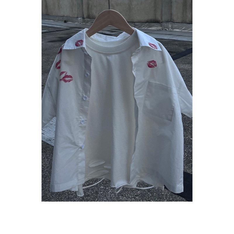 Áo Sơ Mi Ngắn Tay Dáng Rộng In Hình Đôi Môi Thời Trang Mùa Hè Hàn Quốc Dành Cho Bé Trai